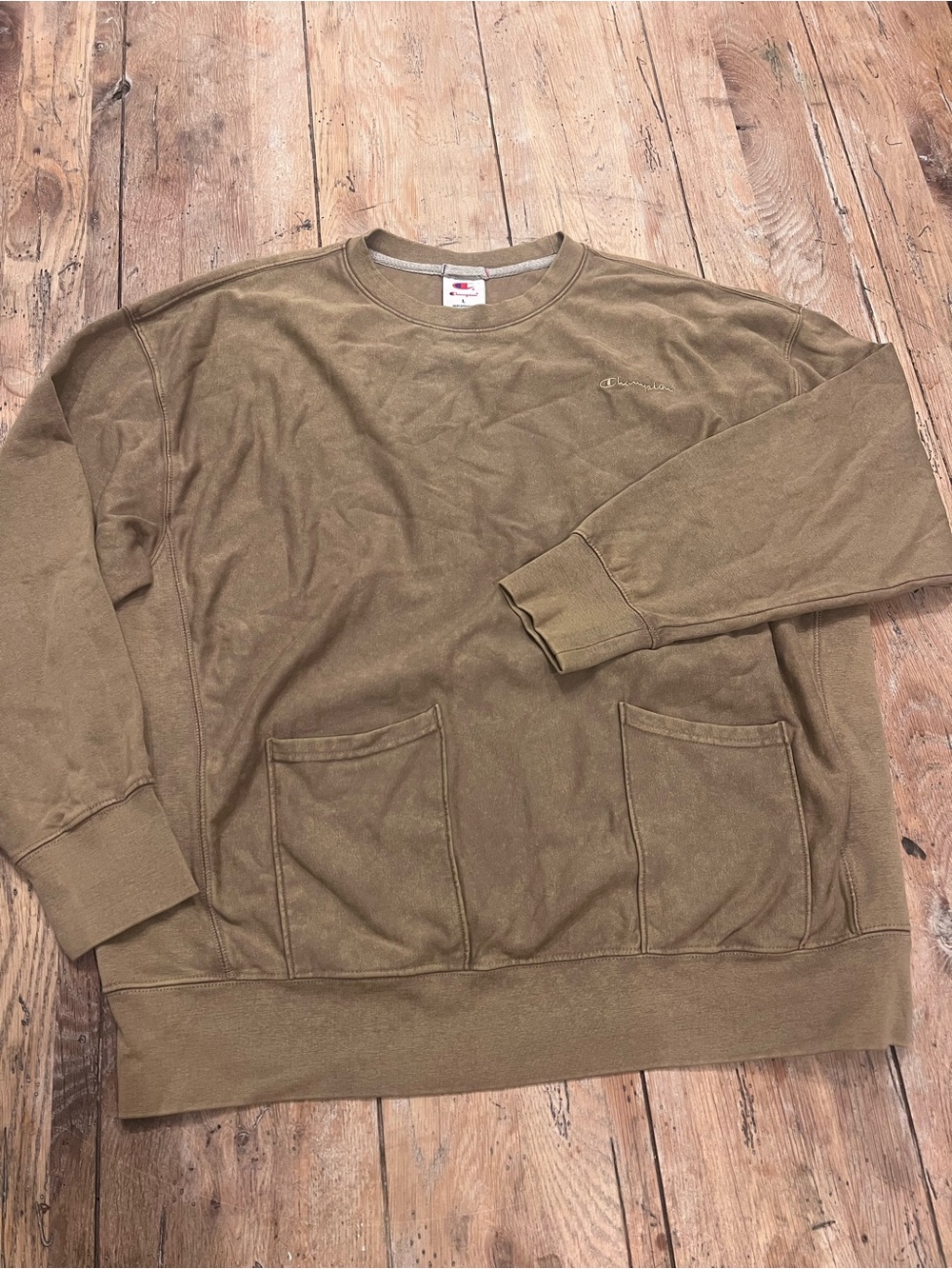 Champion Men’s Brown Solid Fleece Crewneck Pullover Sweatshirt Pockets Size L
